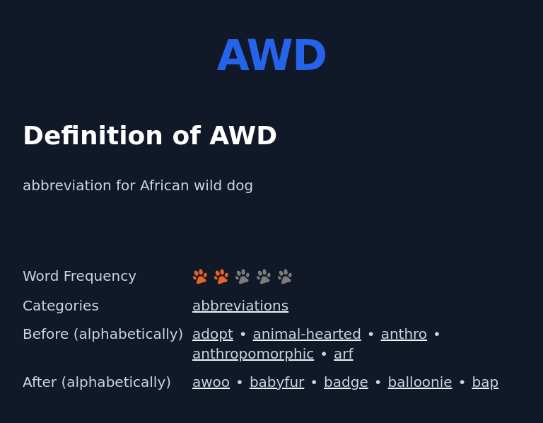 Definition of AWD
 abbreviation for African wild dog