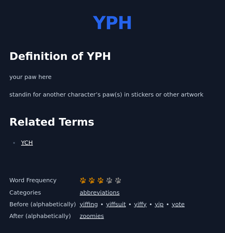 Definition of YPH
 your paw here
 standin for another character’s paw(s) in stickers or other artwork
 Related Terms
 YCH
