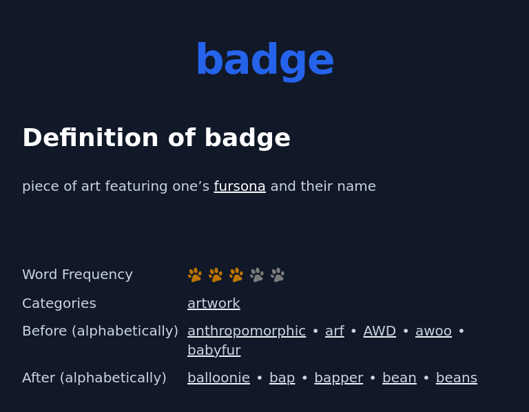 Definition of badge
 piece of art featuring one’s fursona and their name