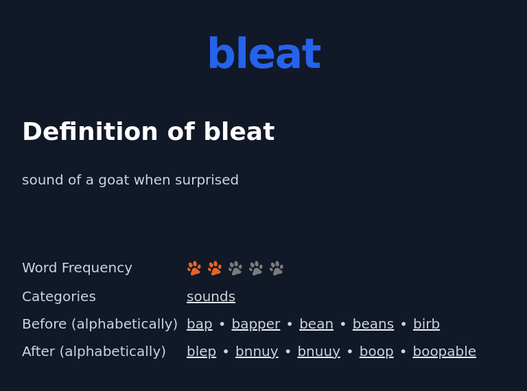Definition of bleat
 sound of a goat when surprised