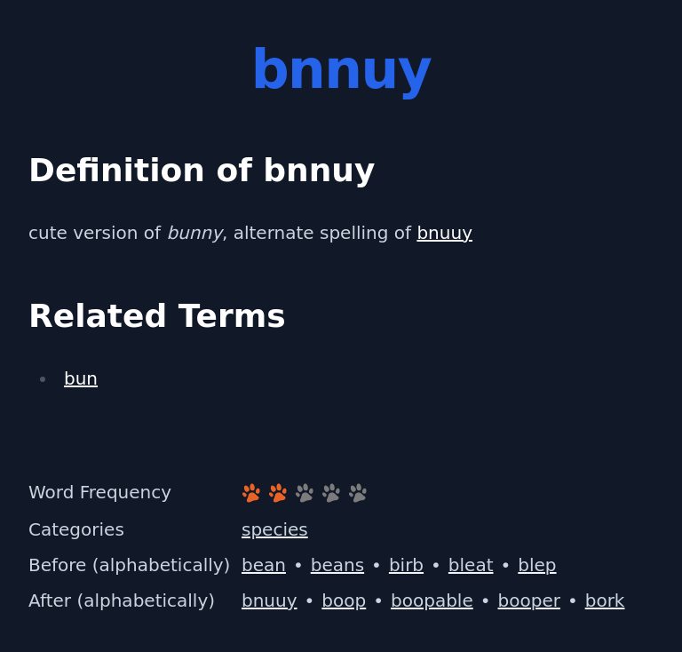 Definition of bnnuy
 cute version of bunny, alternate spelling of bnuuy
 Related Terms
 bun