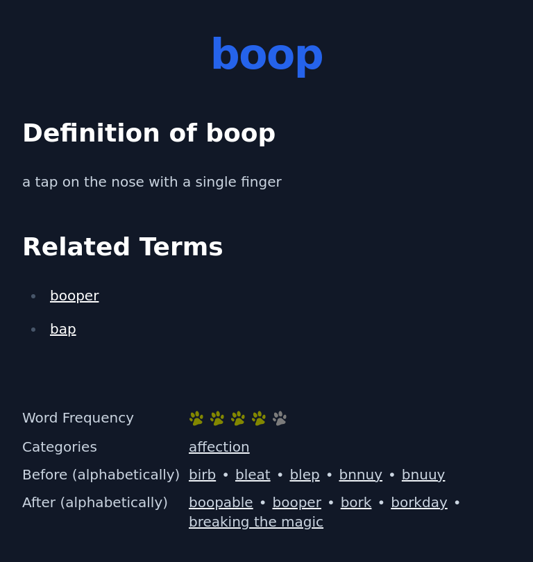 Definition of boop
 a tap on the nose with a single finger
 Related Terms
 booper
 bap