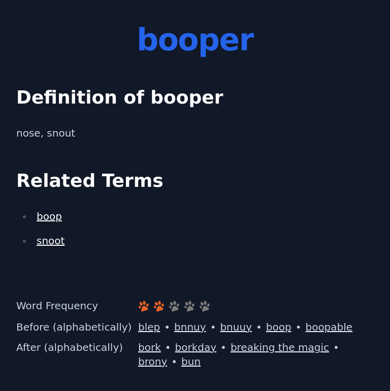 Definition of booper
 nose, snout
 Related Terms
 boop
 snoot
