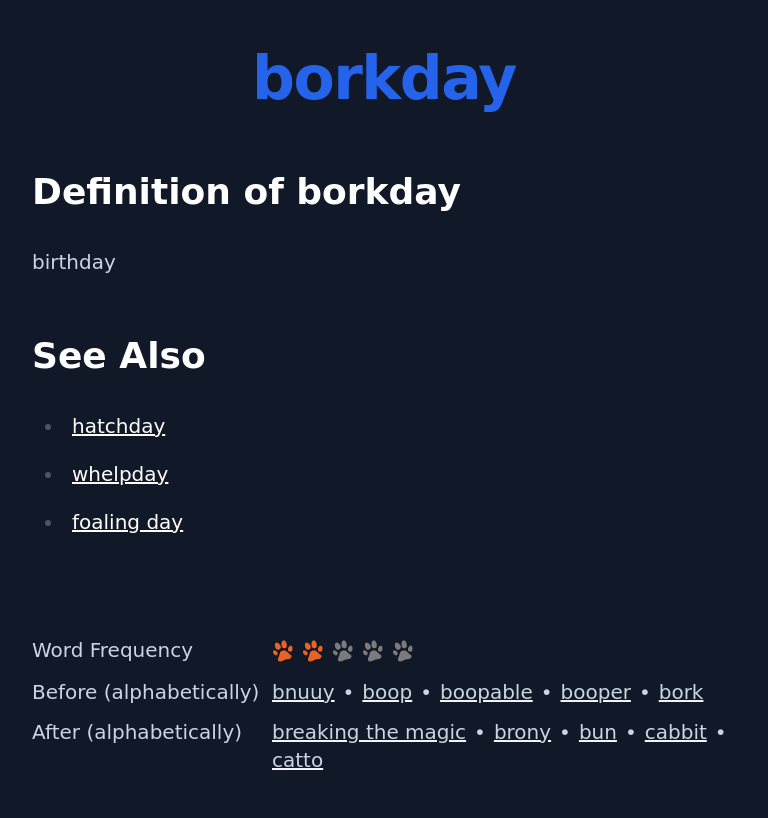 Definition of borkday
 birthday
 See Also
 hatchday
 whelpday
 foaling day