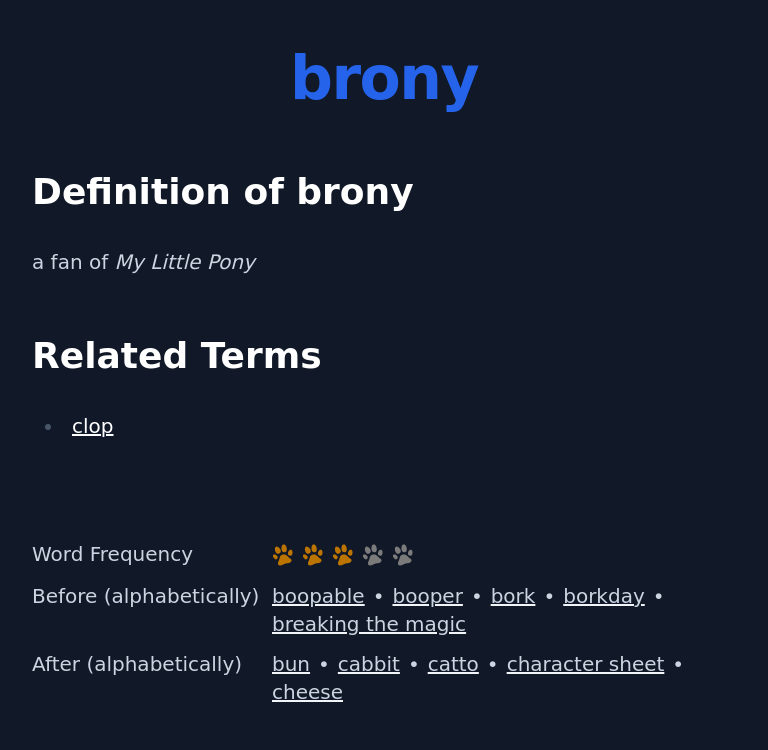 Definition of brony
 a fan of My Little Pony
 Related Terms
 clop