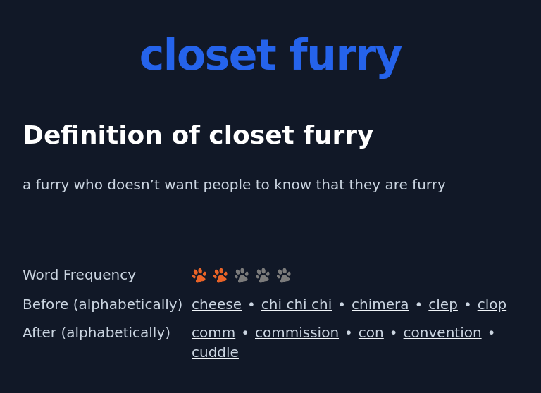 Definition of closet furry
 a furry who doesn’t want people to know that they are furry