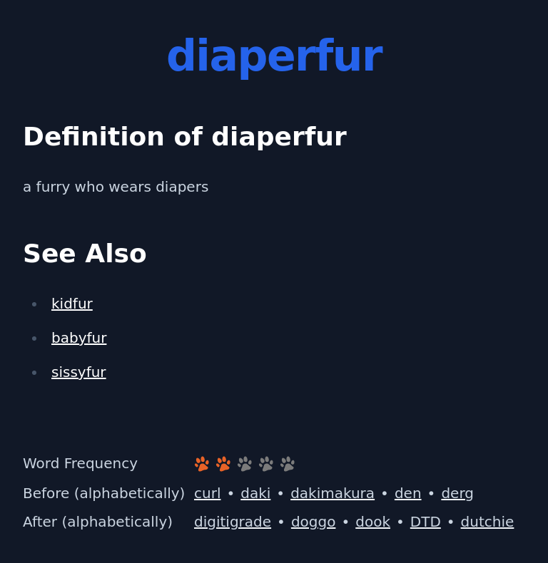 Definition of diaperfur
 a furry who wears diapers
 See Also
 kidfur
 babyfur
 sissyfur