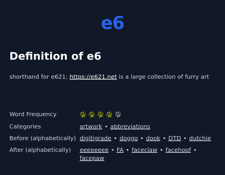Definition of e6
 shorthand for e621; https://e621.net is a large collection of furry art
