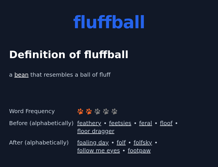 Definition of fluffball
 a bean that resembles a ball of fluff