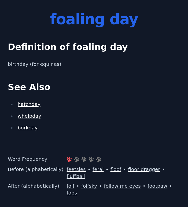 Definition of foaling day
 birthday (for equines)
 See Also
 hatchday
 whelpday
 borkday