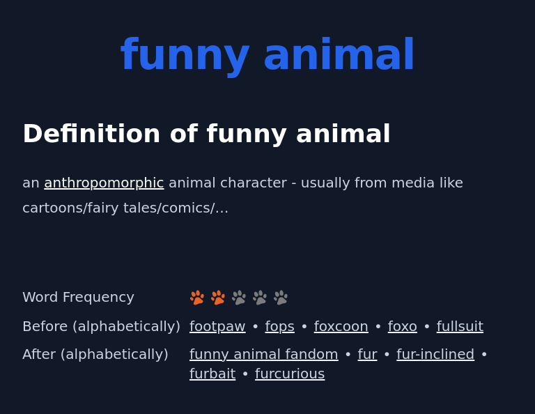 Definition of funny animal
 an anthropomorphic animal character - usually from media like cartoons/fairy tales/comics/…