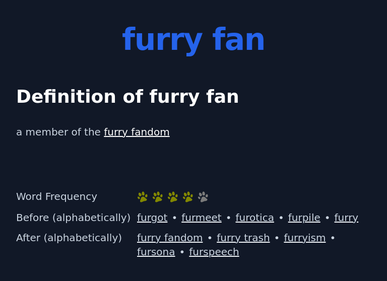 Definition of furry fan
 a member of the furry fandom