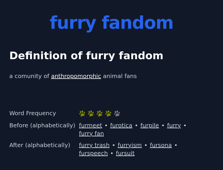 Definition of furry fandom
 a comunity of anthropomorphic animal fans