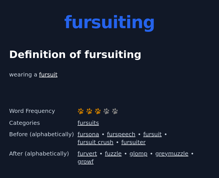 Definition of fursuiting
 wearing a fursuit