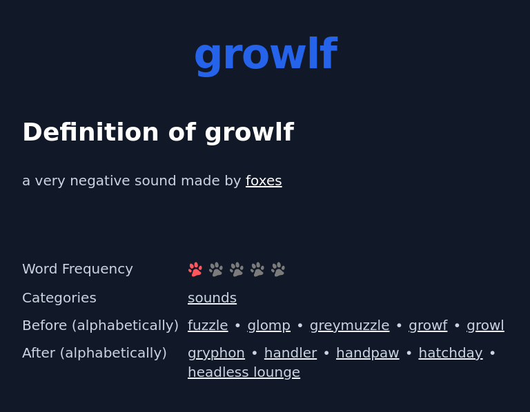 Definition of growlf
 a very negative sound made by foxes