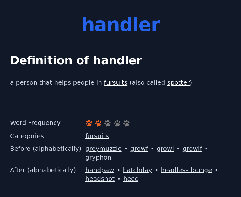 Definition of handler
 a person that helps people in fursuits (also called spotter)