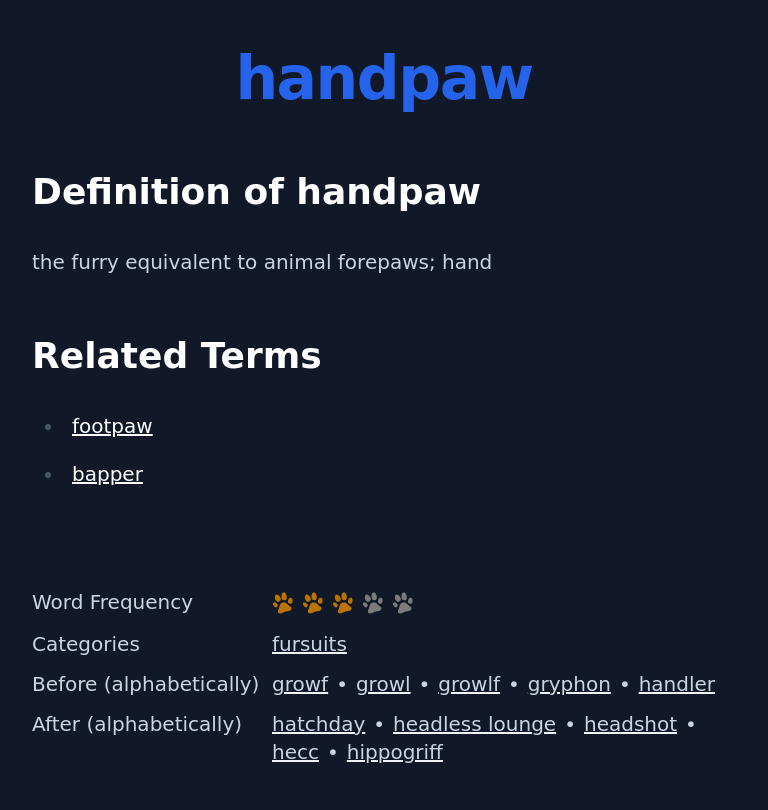Definition of handpaw
 the furry equivalent to animal forepaws; hand
 Related Terms
 footpaw