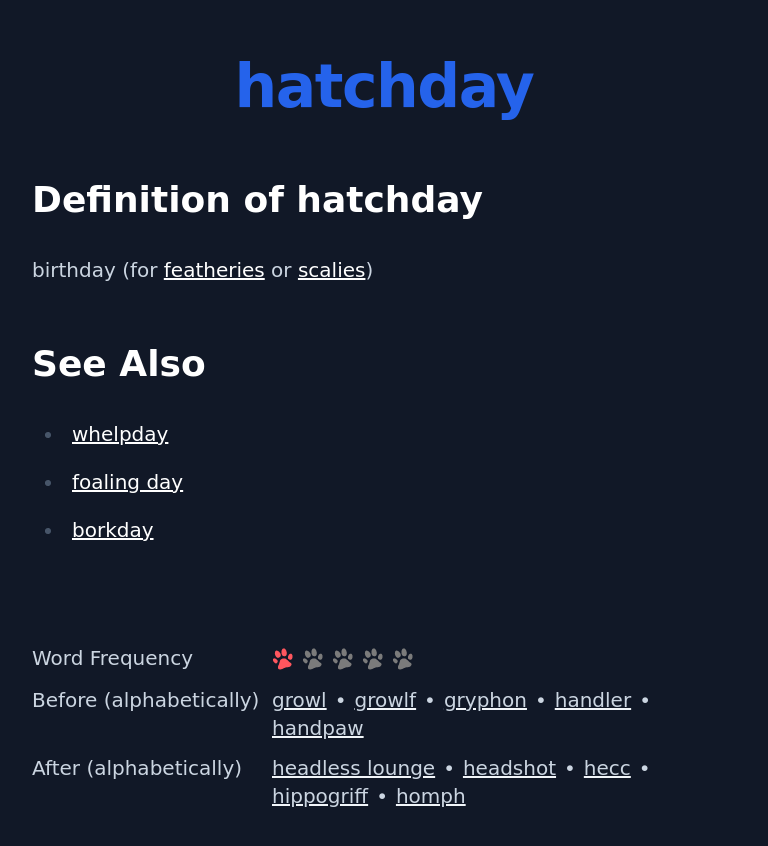 Definition of hatchday
 birthday (for featheries or scalies)
 See Also
 whelpday
 foaling day
 borkday