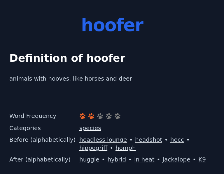 Definition of hoofer
 animals with hooves, like horses and deer