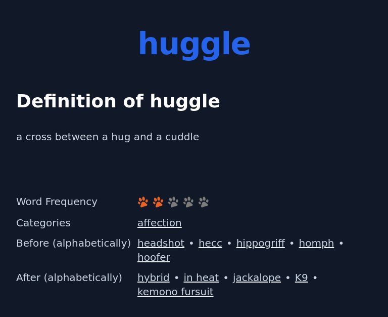 Definition of huggle
 a cross between a hug and a cuddle