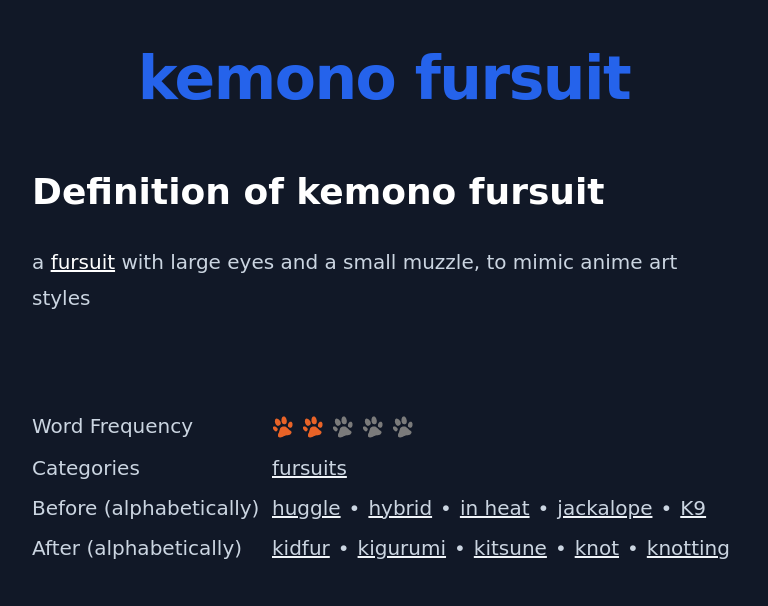 Definition of kemono fursuit
 a fursuit with large eyes and a small muzzle, to mimic anime art styles