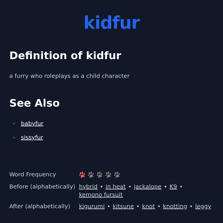 Definition of kidfur
 a furry who roleplays as a child character
 See Also
 babyfur
 sissyfur