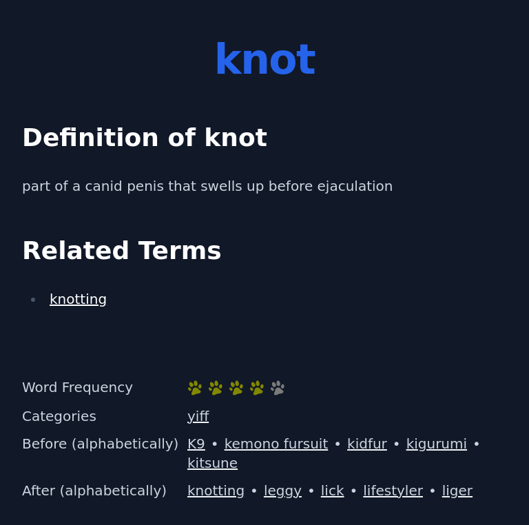 Definition of knot
 part of a canid penis that swells up before ejaculation
 Related Terms
 knotting