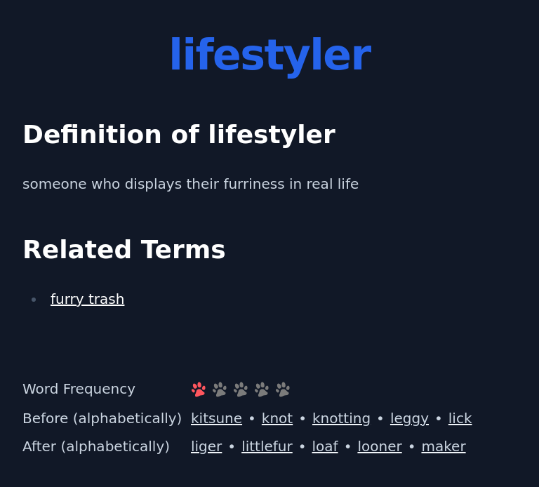 Definition of lifestyler
 someone who displays their furriness in real life
 Related Terms
 furry trash