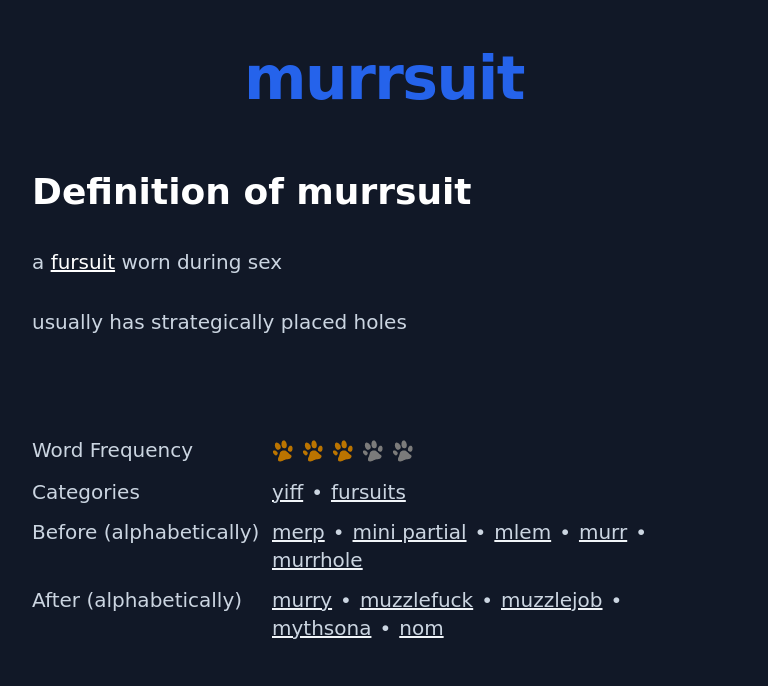 Definition of murrsuit
 a fursuit worn during sex
 usually has strategically placed holes