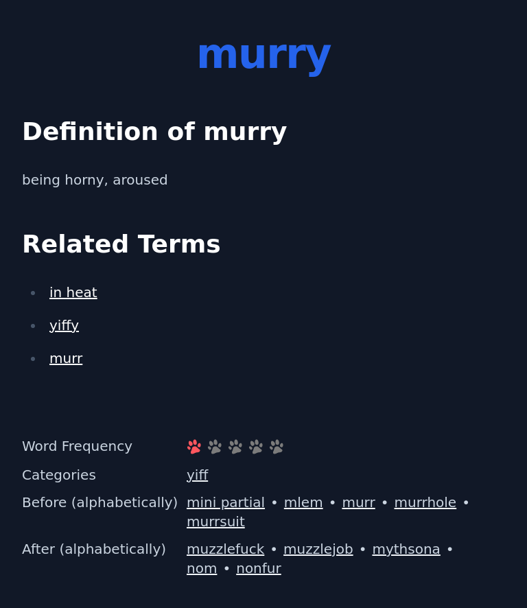 Definition of murry
 being horny, aroused
 Related Terms
 in heat
 yiffy
 murr