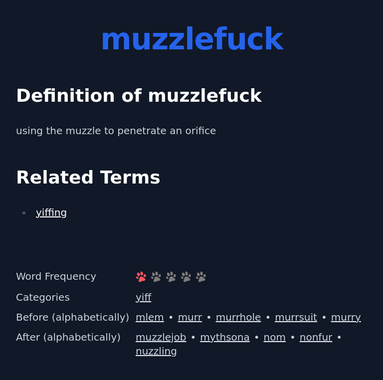 Definition of muzzlefuck
 using the muzzle to penetrate an orifice
 Related Terms
 yiffing