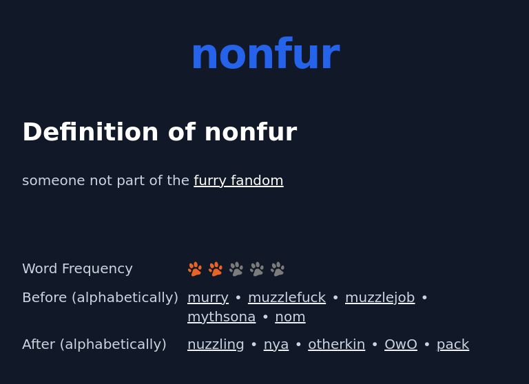 Definition of nonfur
 someone not part of the furry fandom