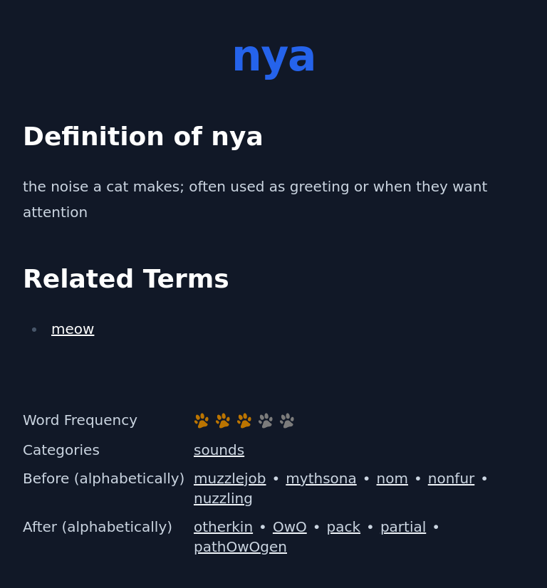 Definition of nya
 the noise a cat makes; often used as greeting or when they want attention
 Related Terms
 meow