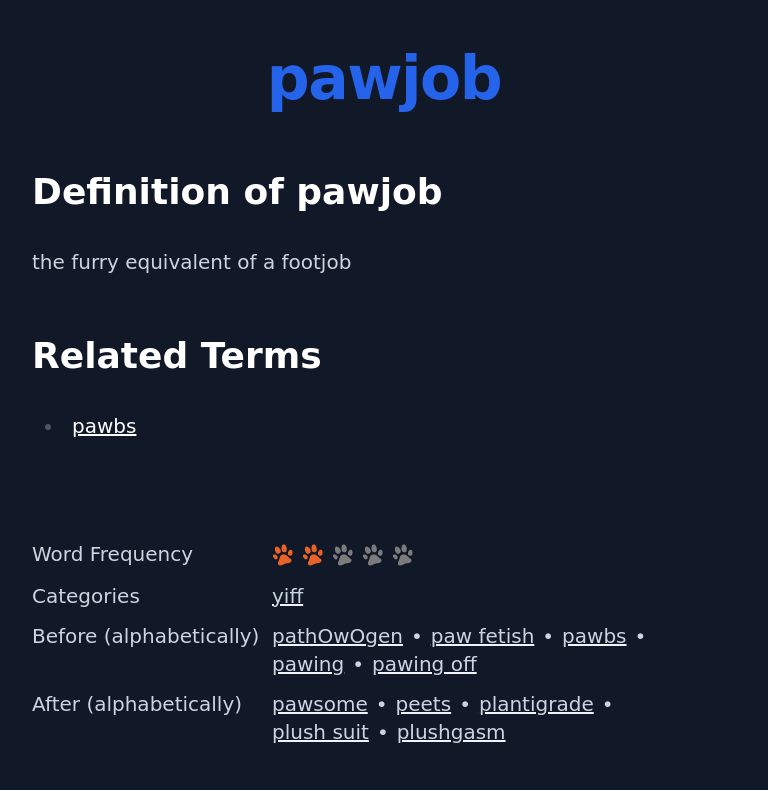 Definition of pawjob
 the furry equivalent of a footjob
 Related Terms
 pawbs