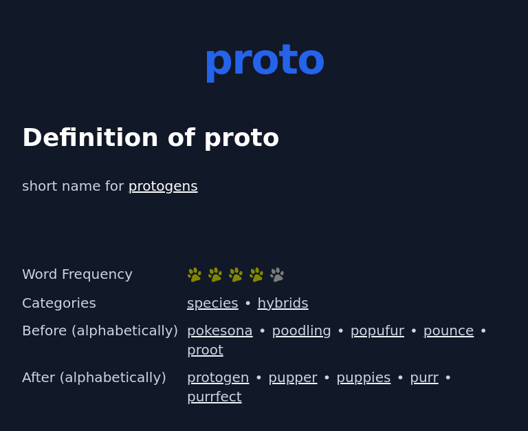 Definition of proto
 short name for protogens