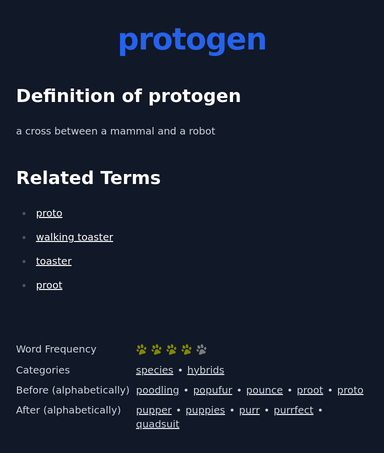 Definition of protogen
 a cross between a mammal and a robot
 Related Terms
 proto
 walking toaster
 toaster