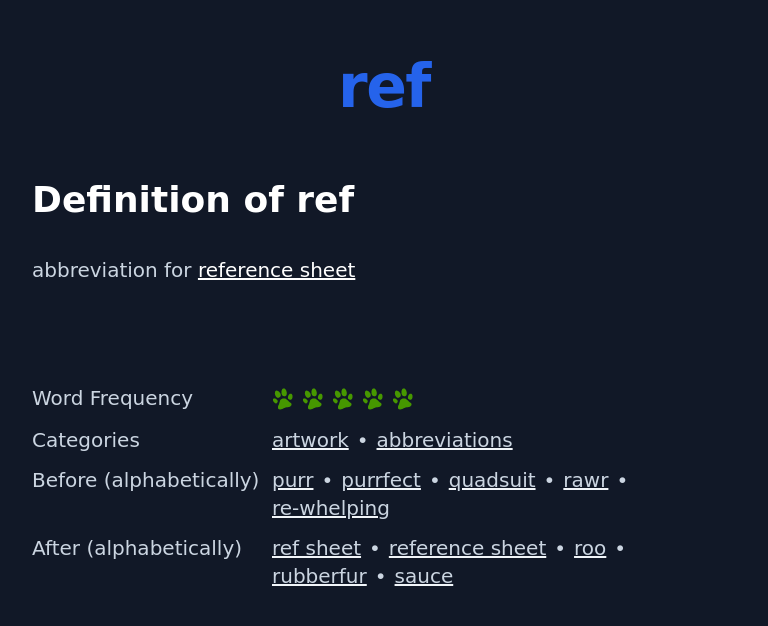 Definition of ref
 abbreviation for reference sheet