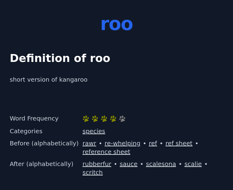 Definition of roo
 short version of kangaroo