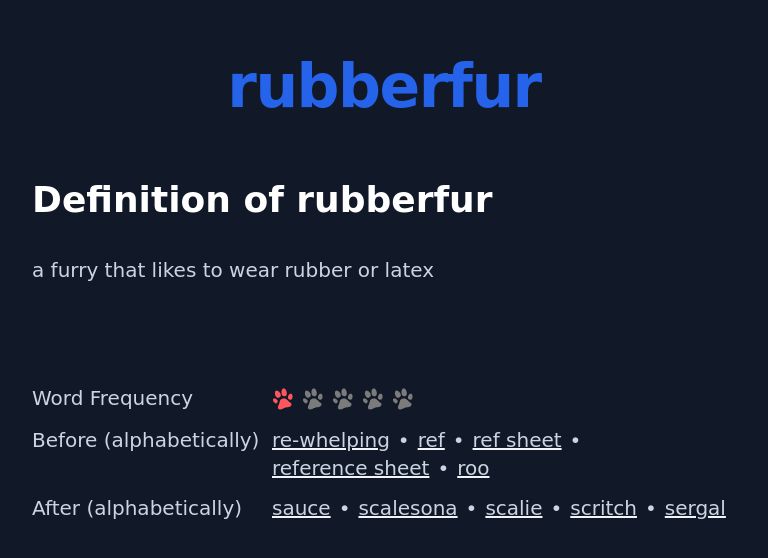 Definition of rubberfur
 a furry that likes to wear rubber or latex