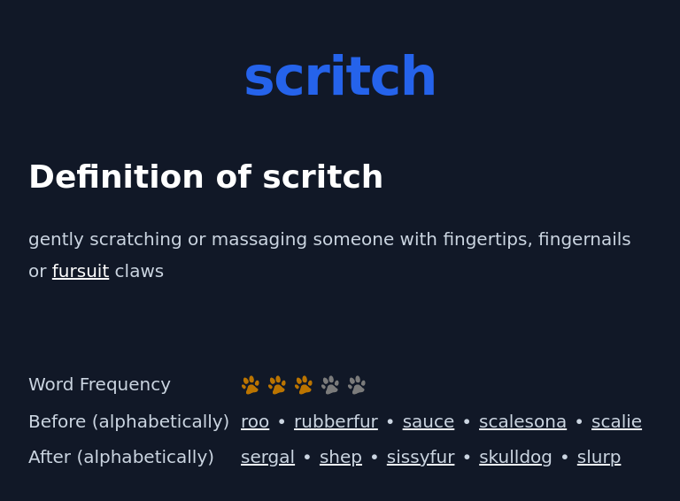 Definition of scritch
 gently scratching or massaging someone with fingertips, fingernails or fursuit claws