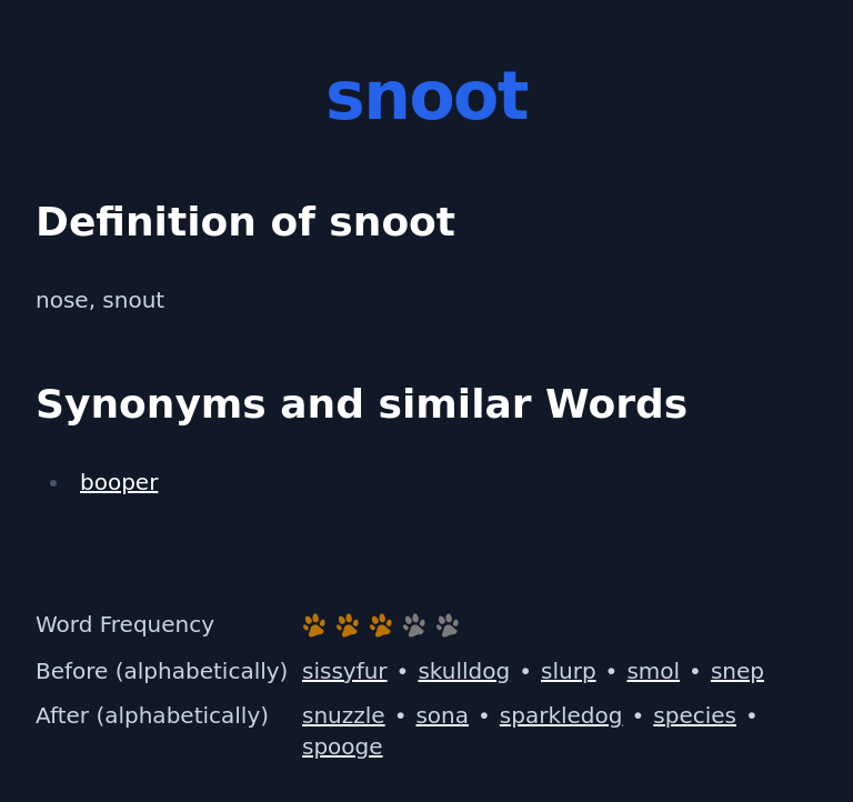 Definition of snoot
 nose, snout
 Synonyms and similar Words
 booper