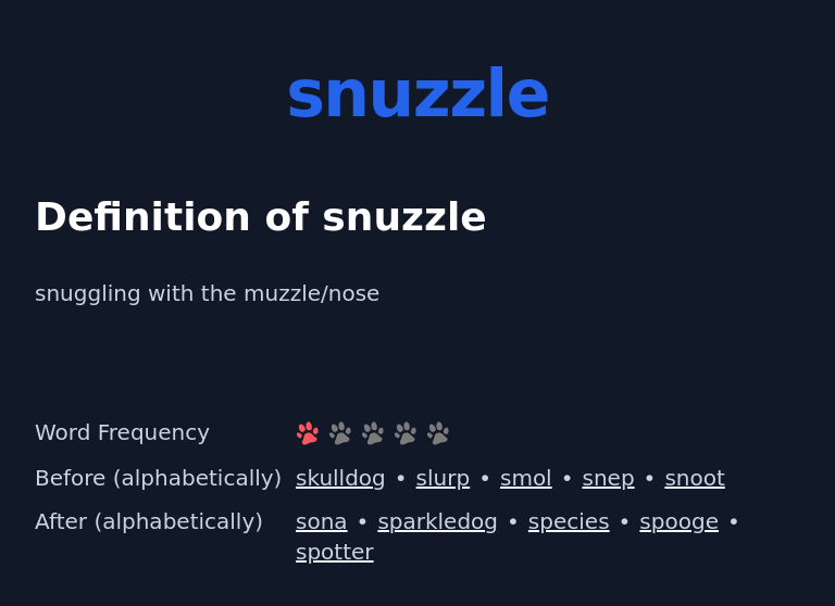 Definition of snuzzle
 snuggling with the muzzle/nose
