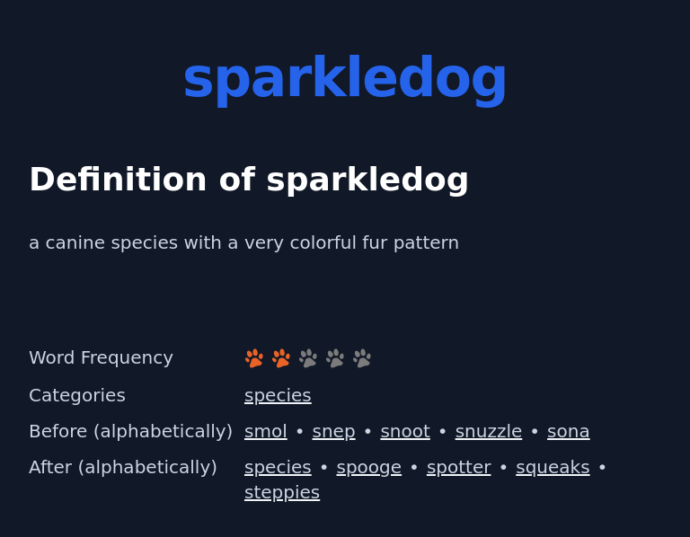 Definition of sparkledog
 a canine species with a very colorful fur pattern