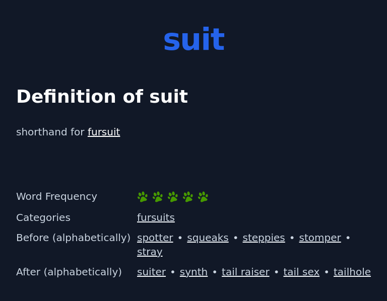 Definition of suit
 shorthand for fursuit
