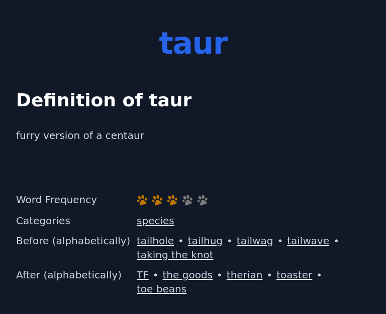 Definition of taur
 furry version of a centaur