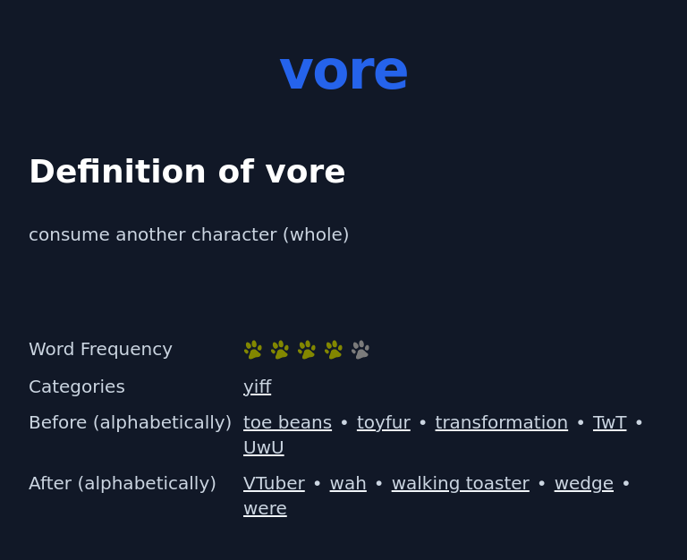 Definition of vore
 consume another character (whole)