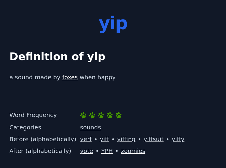 Definition of yip
 a sound made by foxes when happy